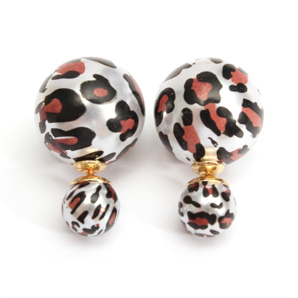 Double Side Leopard Print Pearl Bead Ball Earrings Ear Studs For Women