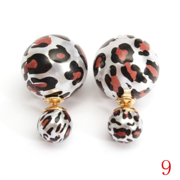 Double Side Leopard Print Pearl Bead Ball Earrings Ear Studs For Women