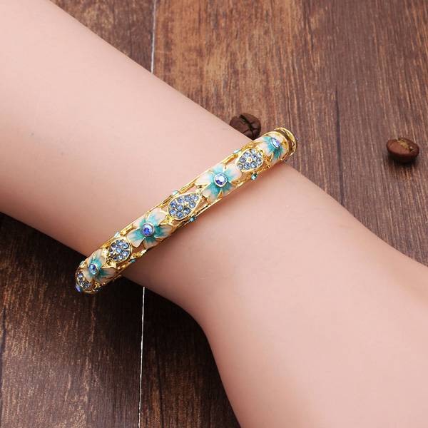 Cloisonné 18K Gold Plated Rhinestone Flower Enamel Bangle Bracelet