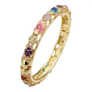 Cloisonné 18K Gold Plated Rhinestone Flower Enamel Bangle Bracelet