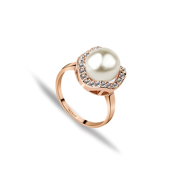 Italina Flower 18K Rose Gold Plated Artificial Pearl Zircon Crystal Finger Ring