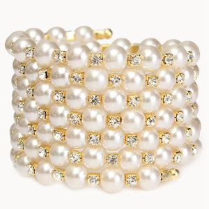 Temperament Full Rhinestone Pearl Multilayer Winding Wide Bracelet