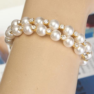 Temperament Full Rhinestone Pearl Multilayer Winding Wide Bracelet