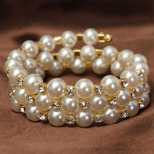 Temperament Full Rhinestone Pearl Multilayer Winding Wide Bracelet