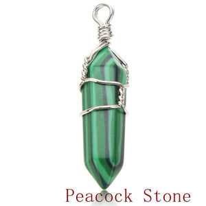 Wire Wrapped Hexagonal Pendulum Gemstone Column Quartz Pendant Charm