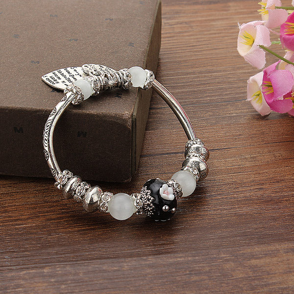 Alloy Beads Rhinestone Flower Heart Pendant Bracelet Silver Plated