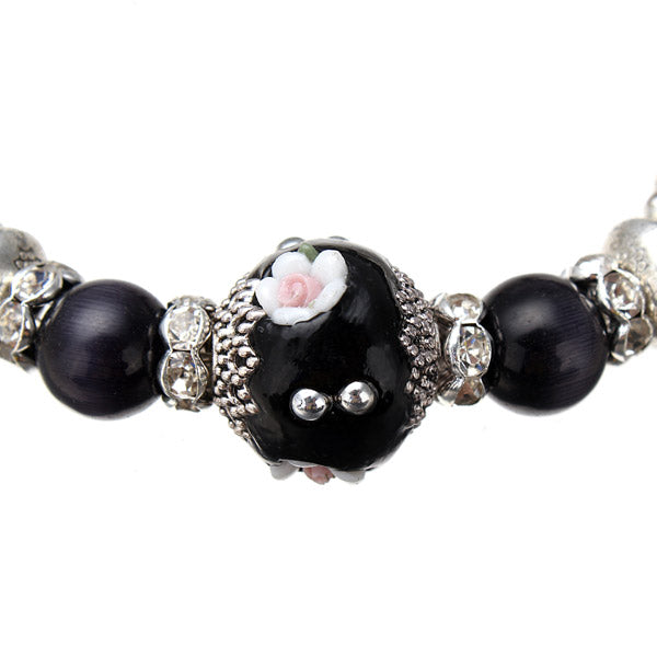 Alloy Beads Rhinestone Flower Heart Pendant Bracelet Silver Plated