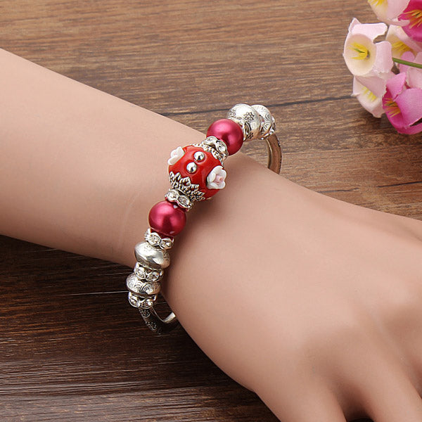 Alloy Beads Rhinestone Flower Heart Pendant Bracelet Silver Plated