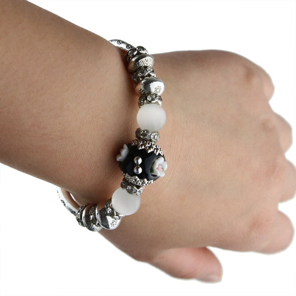 Alloy Beads Rhinestone Flower Heart Pendant Bracelet Silver Plated