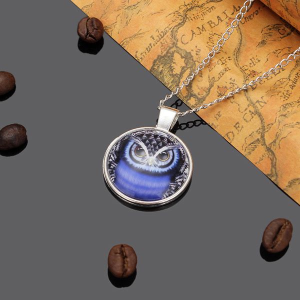 Lovely Owl Glass Cabochon Silver Plated Chain Pendant Necklace Unisex