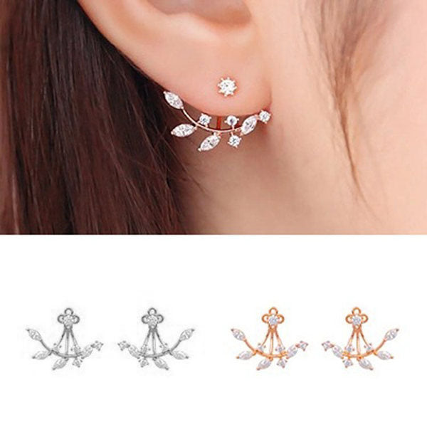 925 Silver Needle Leaves Cubic Zircon Crystal Stud Earrings For Women