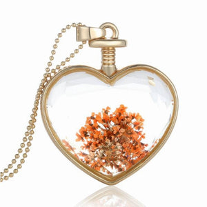 Gold Plated Glass Bottle Heart Dry Flower Pendant Necklace For Women