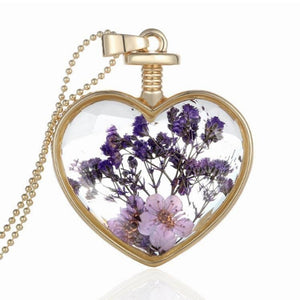 Gold Plated Glass Bottle Heart Dry Flower Pendant Necklace For Women