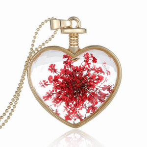 Gold Plated Glass Bottle Heart Dry Flower Pendant Necklace For Women