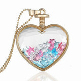 Gold Plated Glass Bottle Heart Dry Flower Pendant Necklace For Women