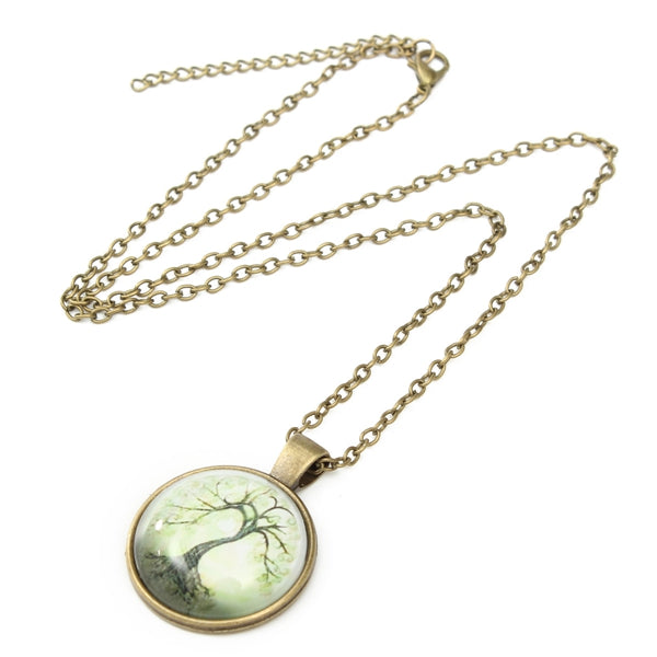 Tree Glass Cabochon Necklace Bronze Chain Pendant Necklace