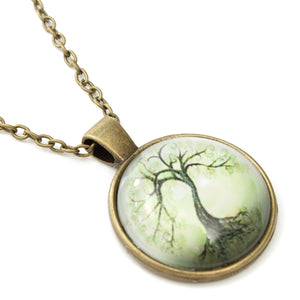 Tree Glass Cabochon Necklace Bronze Chain Pendant Necklace