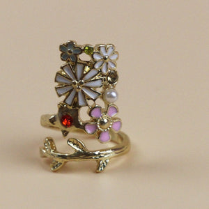 Gold Plated Women Jewelry Flower Cute Cat Pearl Nail Ring