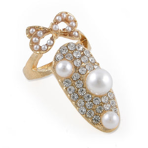 Silver Gold Sweet Bowknot Crown Rhinestone Pearl Nail Ring