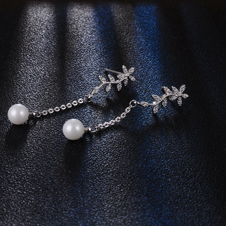 Temperament Flowers Pearl Earrings Long Zircon 925 Silver