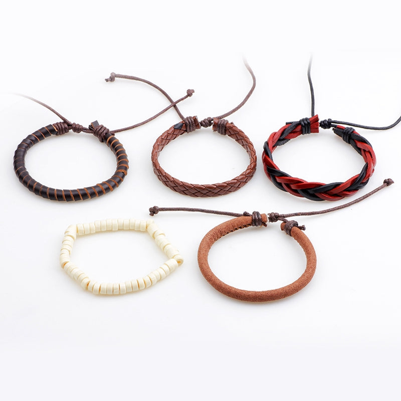 Unisex Adjustable Leather Wax Rope Multilayer Bead Bracelet