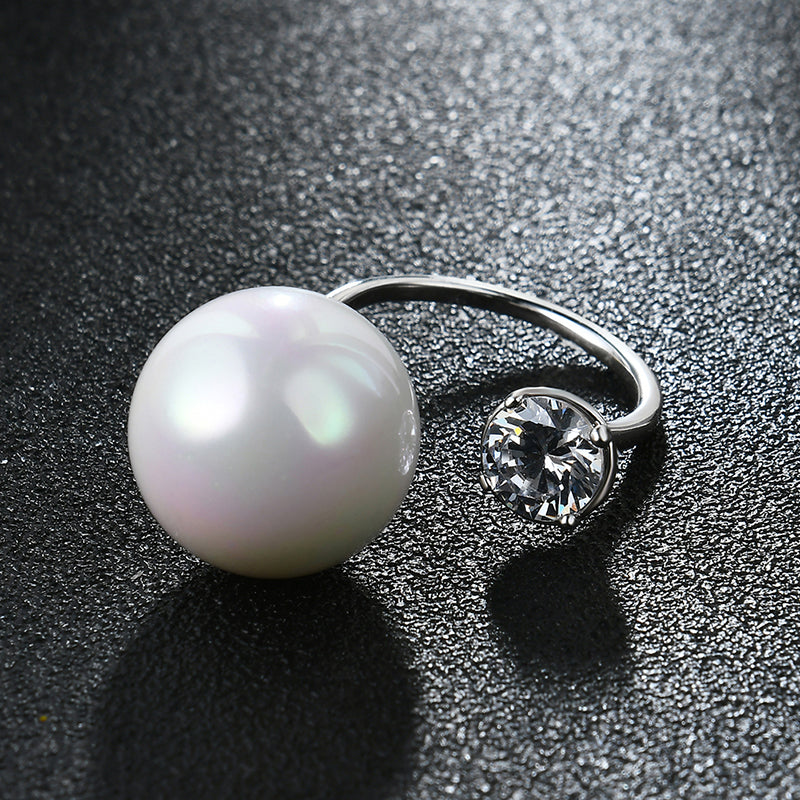 Women's Silver Elegant Pearl Zircon Opening Ring