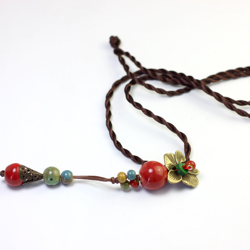 Ethnic Handmade Pendant Necklace Round Beads Flower Necklace