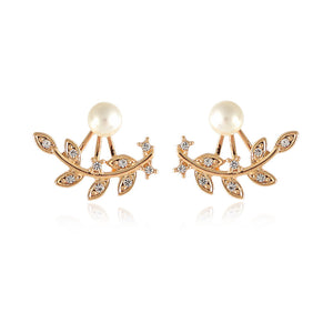 Trendy Women Rhinestone Leaf Pearl Silver Rose Gold Earrings