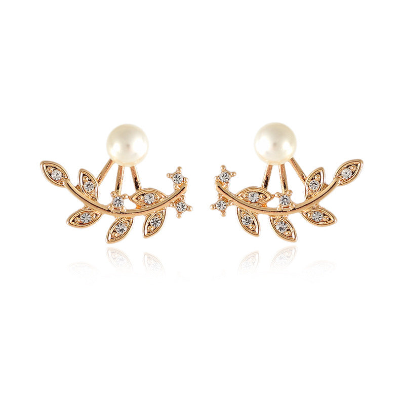 Trendy Women Rhinestone Leaf Pearl Silver Rose Gold Earrings