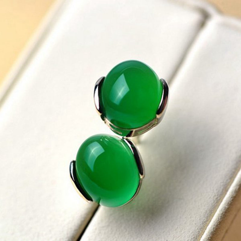 Silver Plated Lady Round Green Agate Earrings Elegant Gemstone Ear Stud Chinese Style for Women