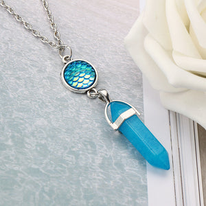 Women's Long Chain Turquoise Natural Stone Colorful Scale Pandent Silver Necklace