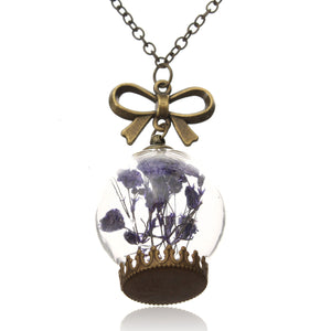 Women Dry Flower Glass Wish Bottle Sweater Chain Necklace