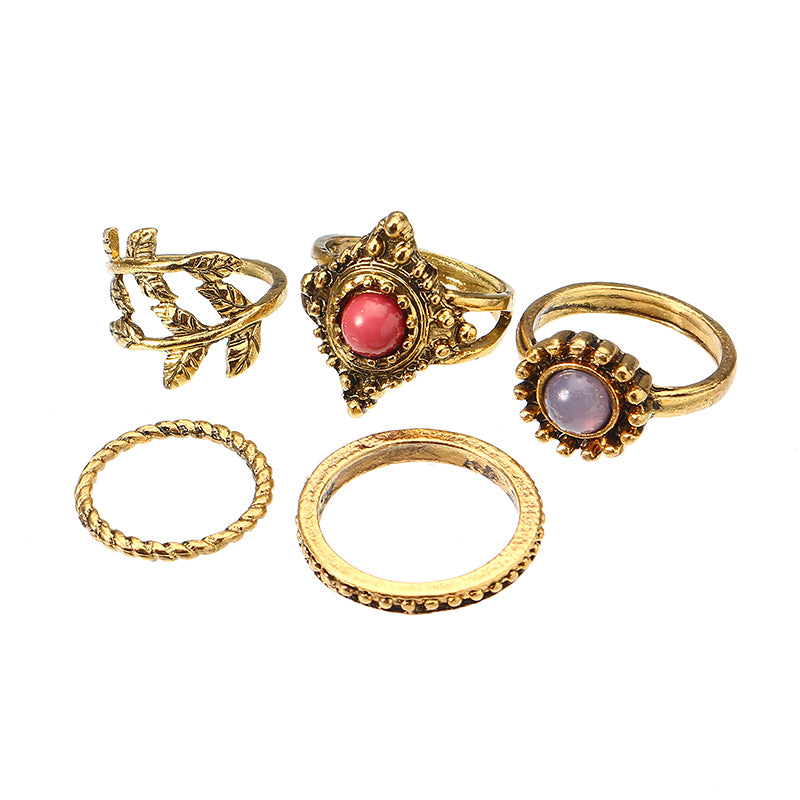 5 Pcs Punk Leaf Ring Set Retro Golden Zinc Alloy Red and Purple Stone Knuckle Ring Jewelry for Women