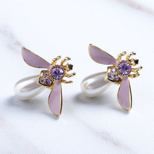 Cute Bees Ear Stud Luxury Gold Plated Gemstone Pearl Earring