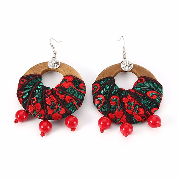 Ethnic Style Women Jewelry Handmade Statement Retro Wood Hoop and Beads Pendant Earrings