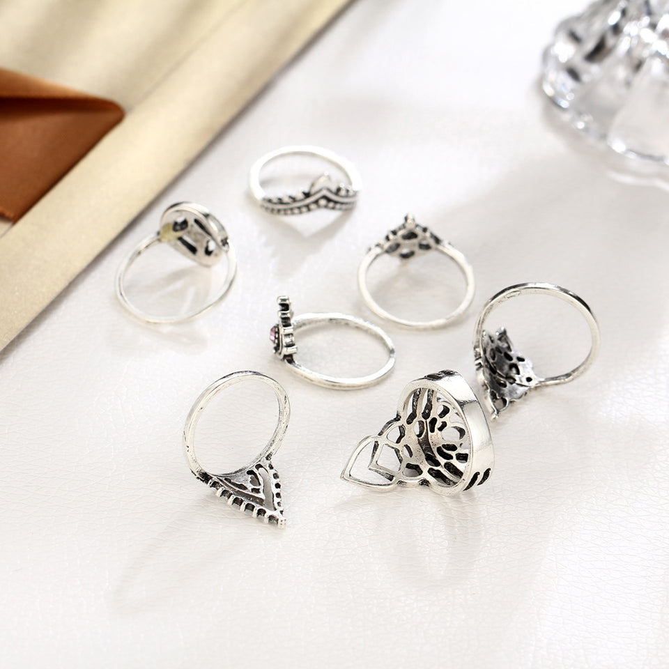 7 Pcs Purple Crystal Trendy Hollow Flower Knuckle Ring Set