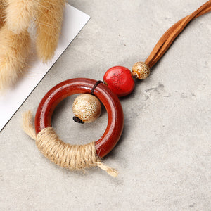 Retro Ceramic Colorful Beads Ball Leaf Leather Rope Necklace