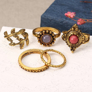 5 Pcs Punk Leaf Ring Set Retro Golden Zinc Alloy Red and Purple Stone Knuckle Ring Jewelry for Women