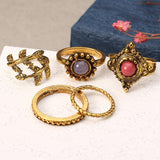 5 Pcs Punk Leaf Ring Set Retro Golden Zinc Alloy Red and Purple Stone Knuckle Ring Jewelry for Women