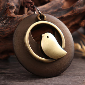 Vintage Round Wood Plate Pendant Necklaces