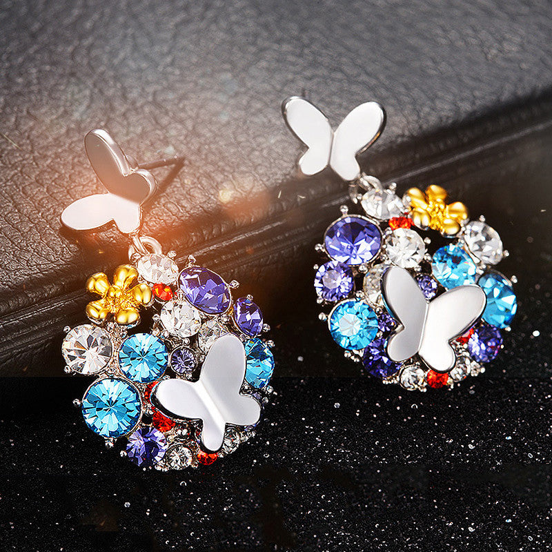 Sweet Colorful Crystal Flower Ear Drop Butterfly Earrings