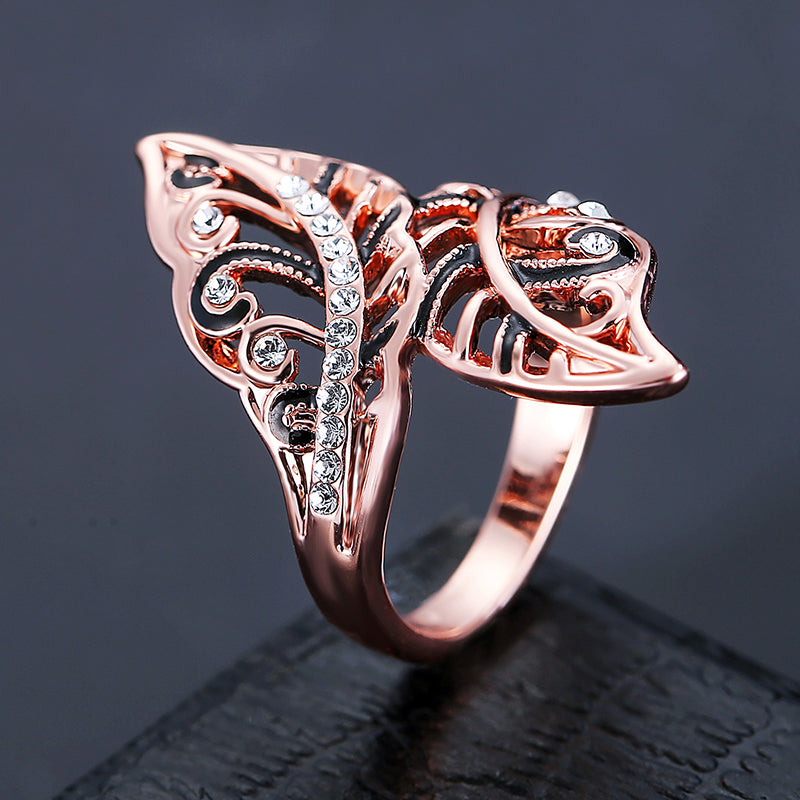 Ladies Vivid Leaves Rose Gold Stylish Ring Gift Black Enamel Rhinestone Ring Women Jewelry