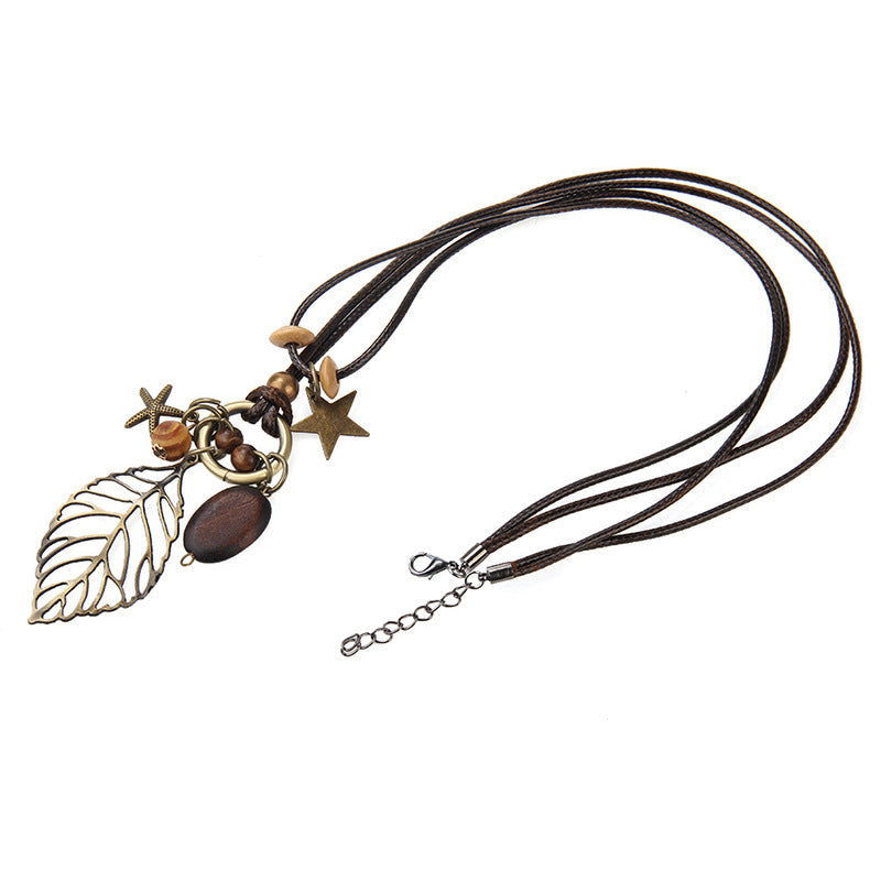 Leaf Pendant Wood Star Charm Wax Rope Long Women's Necklace