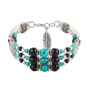 Ethnic Colorful Beads Tibetan Silver Leaf Women Bracelet