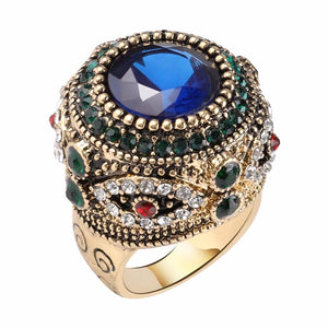 Bohemian Blue Rhinestone Finger Ring Ethnic Gold Plated Ring