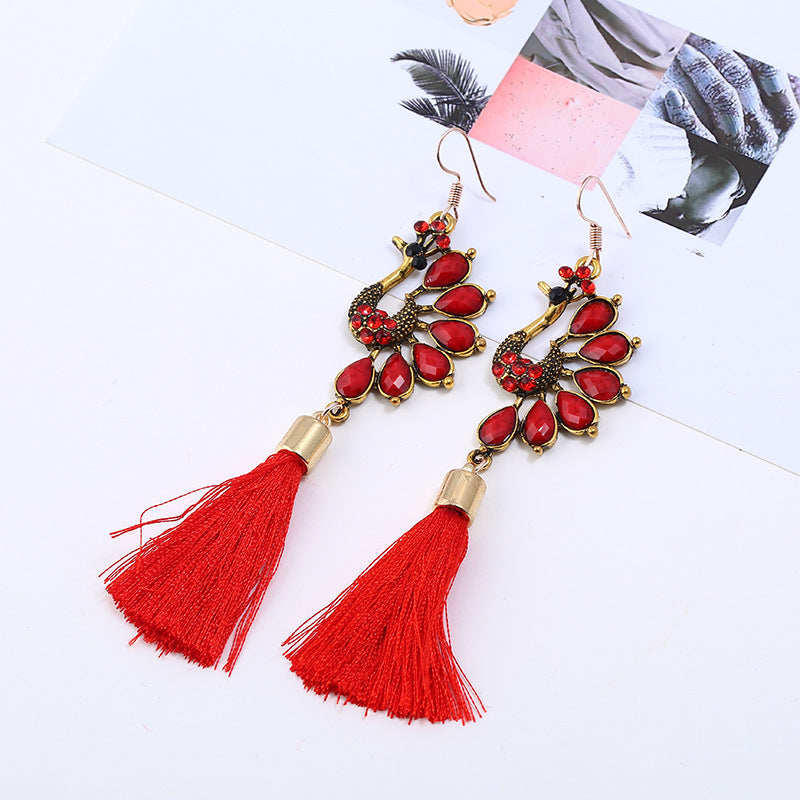 Ethnic Colorful Peacock Crystal Tassel Earrings for Women