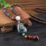 Retro Women's Colorful Wood Buddha Beads Pendant Necklace