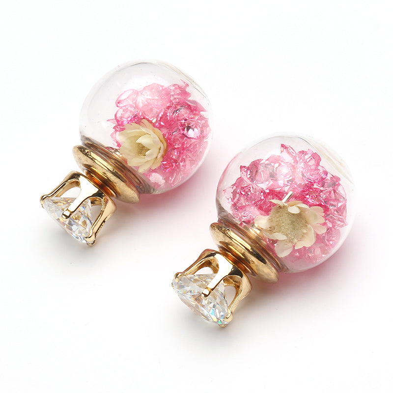 Trendy Colorful Crystal Glass Ball Flower Round Earrings