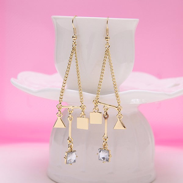 Trendy Balancing Style Gold Square Triangle Dangle Tassel Rhinestone Earrings Gift for Women 