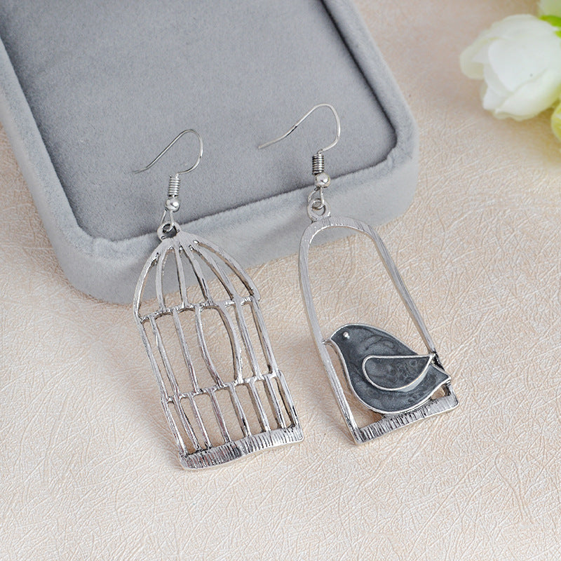 Blue Grey Bird Birdcage Fashion Asymmetric Women Earrings